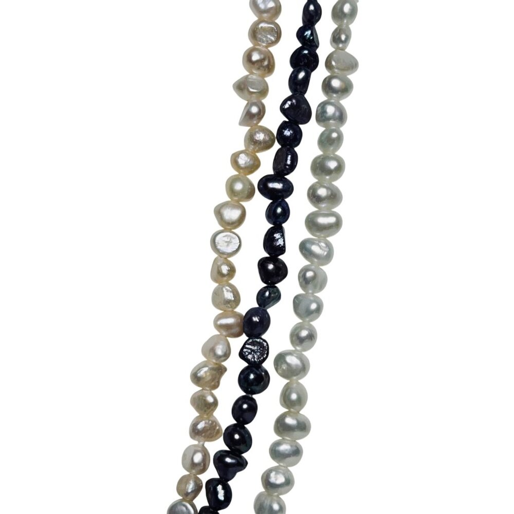 Set Of 3 Freshwater Pearl Necklaces White Cream & Black W/Sterling Clamp (5881) - Picture 4 of 7